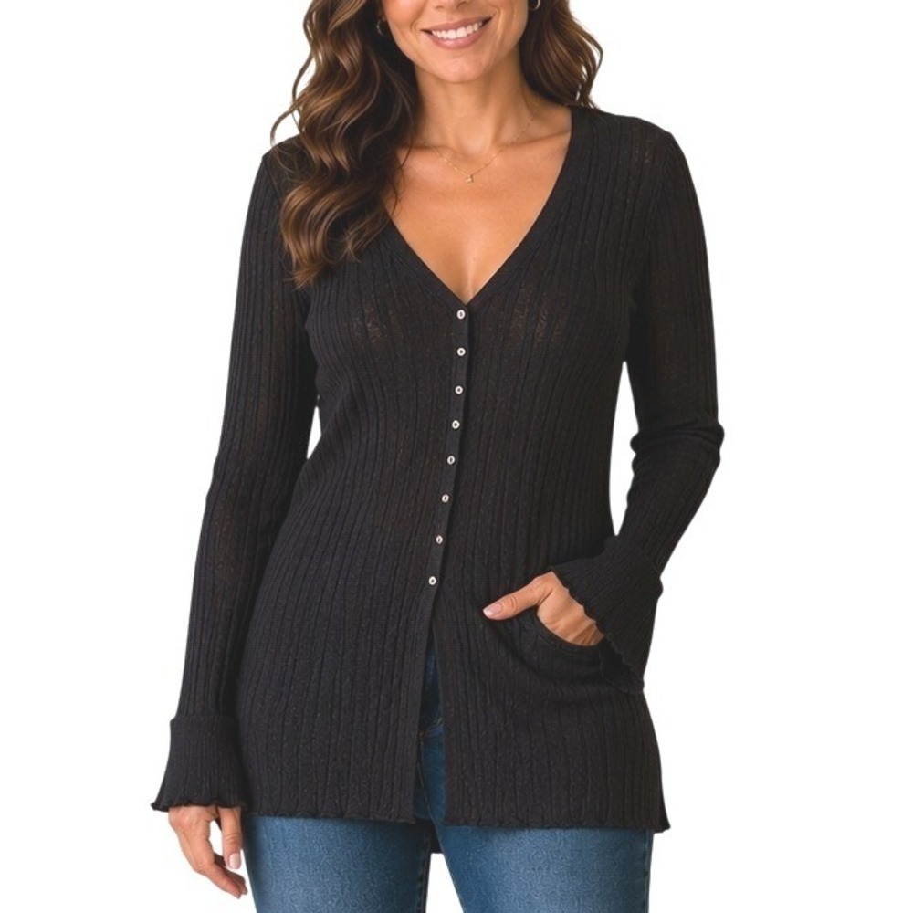 Coolwear USA Black Ribbed Knit V-Neck Button Front Cardigan M Cozy Preppy Casual